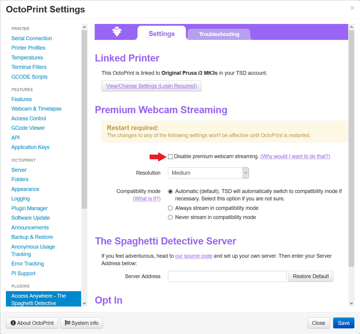 Disable video streaming